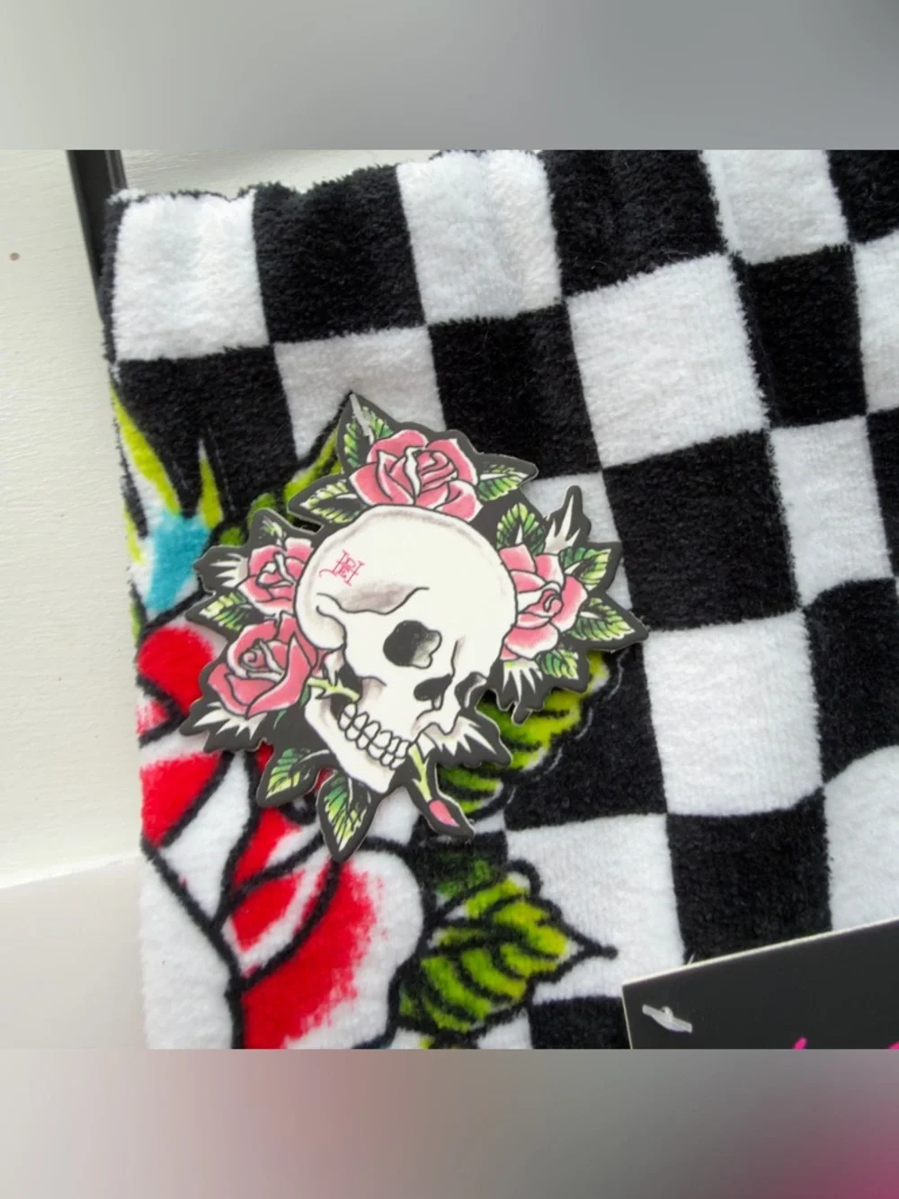 Ed Hardy Black, White & Pink Checkerboard Skull Beach Towel